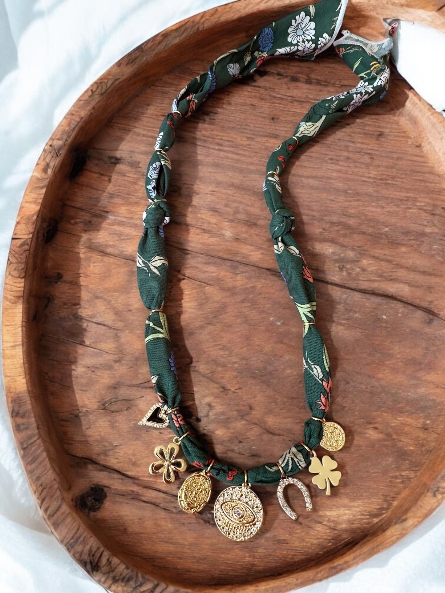 Dark Green Floral with Evil Eye Pendant