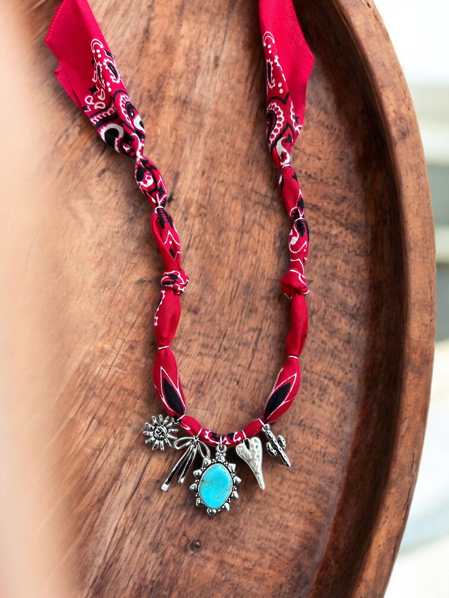 Red with Large Silver and Turquoise Pendant
