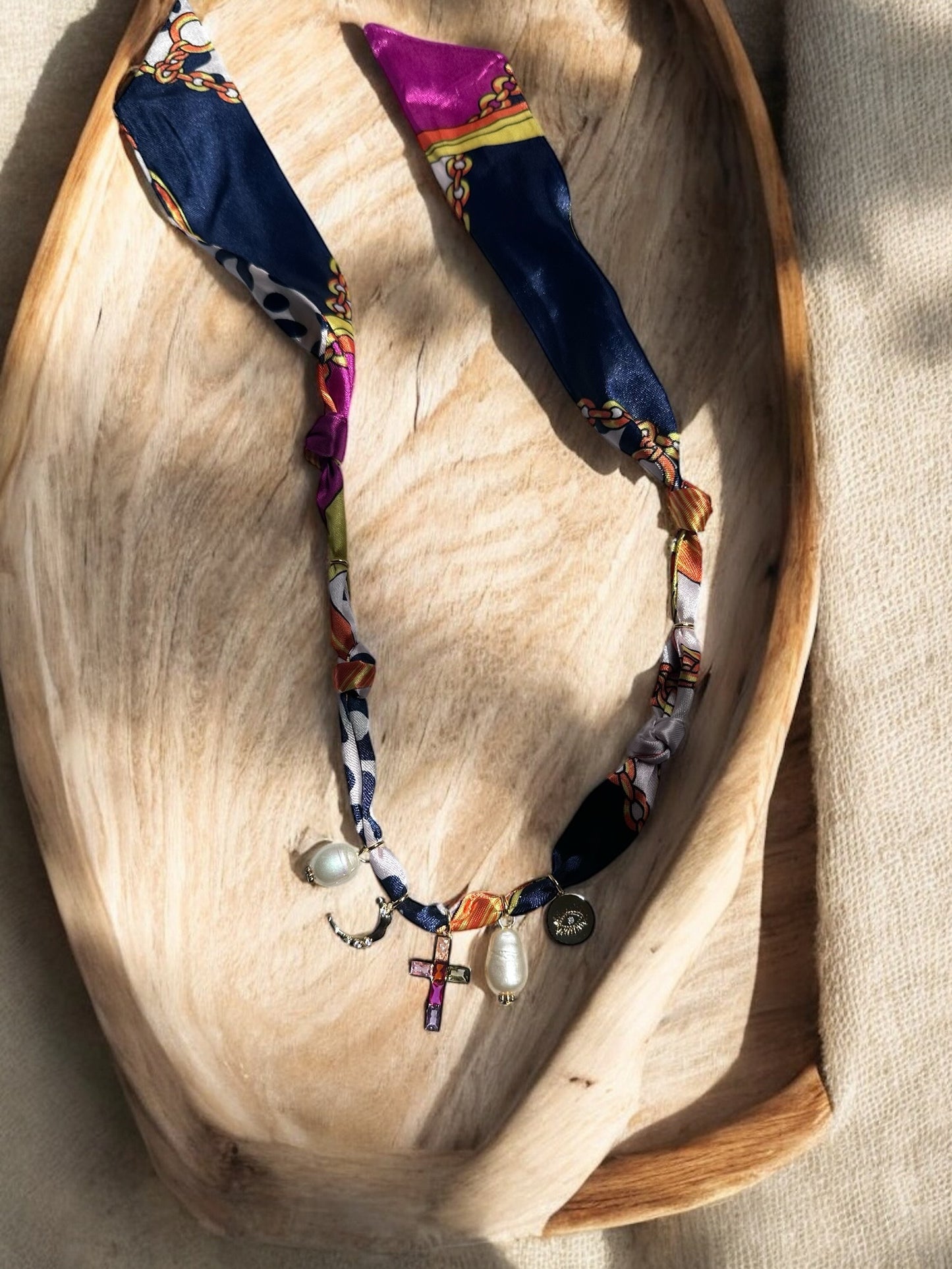 Navy Multicolor Silk with Multicolor Stone Cross