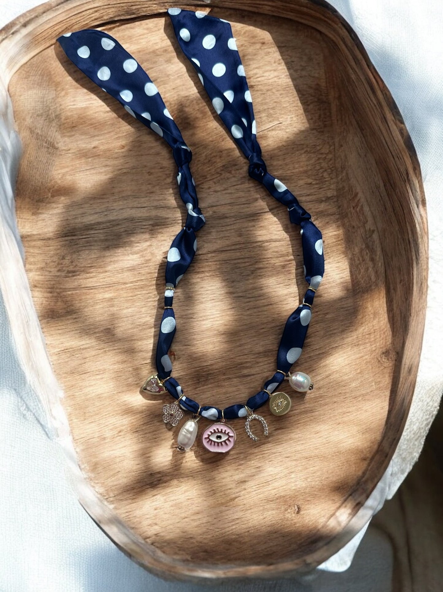 Navy Blue Polka Dot Silk with Pink Evil Eye