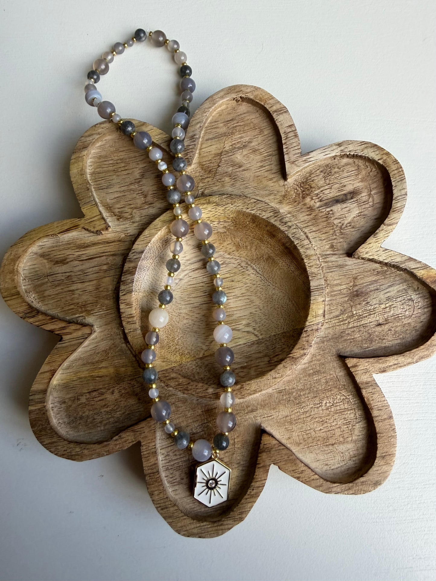 Grey Beaded with White Pendant