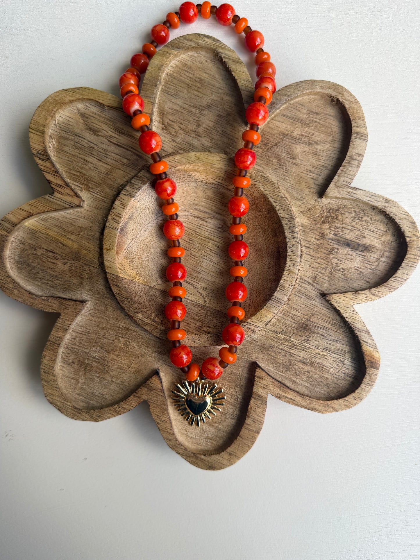 Orange/Red Beaded with Heart Burst
