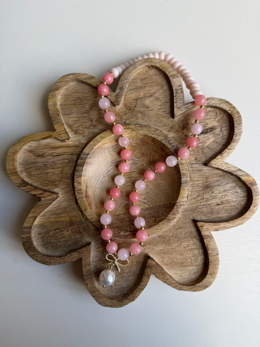 Pink Beaded with Bow and Pearl Charm
