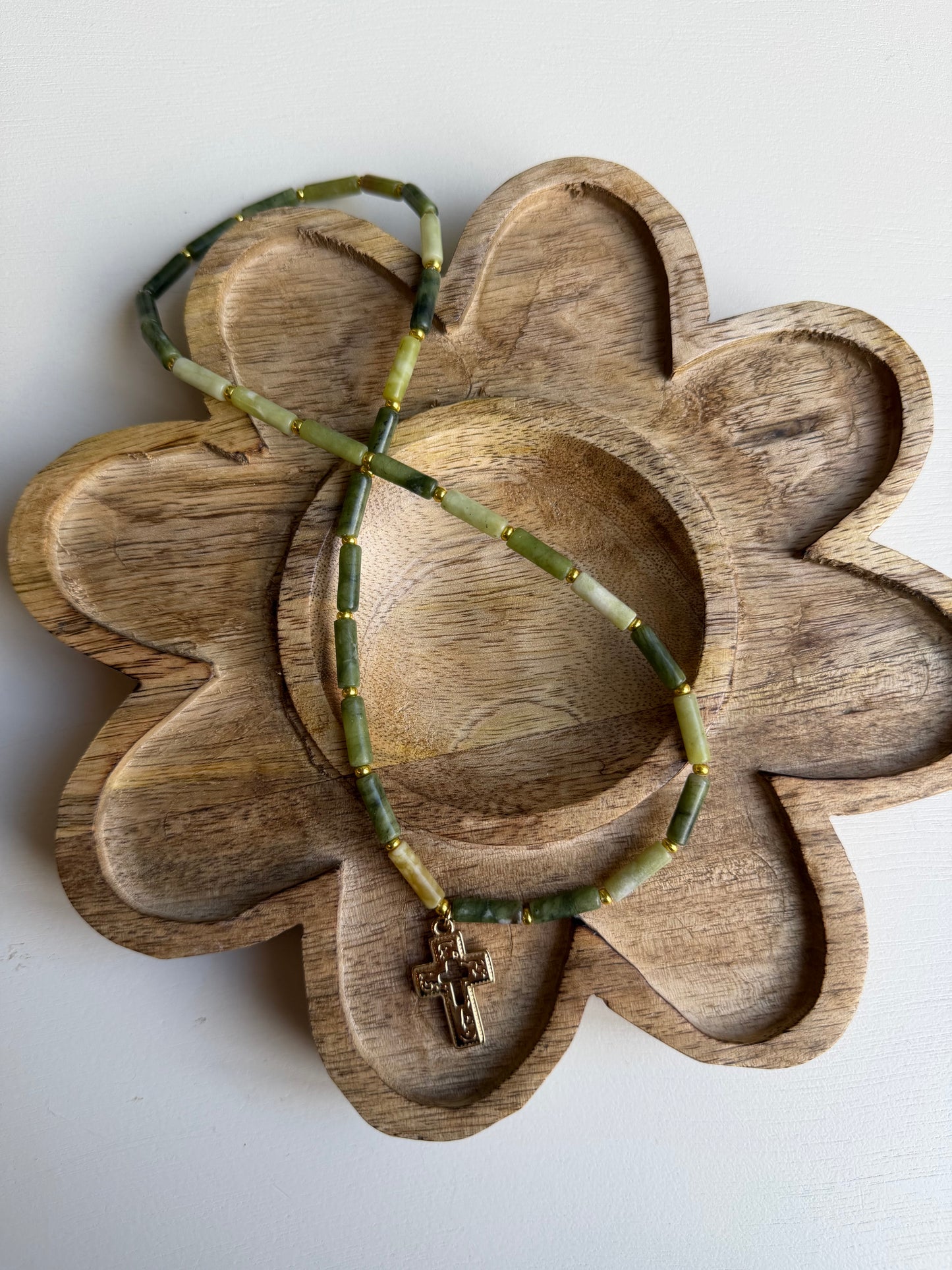 Green Beaded with Cross Charm