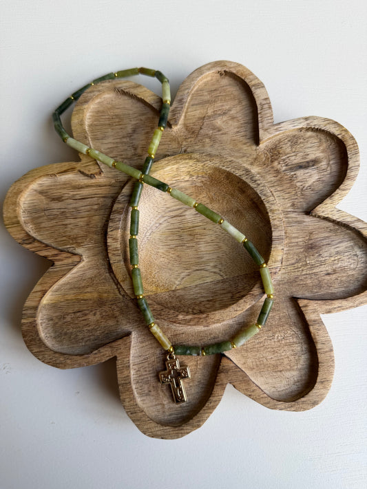 Green Beaded with Cross Charm