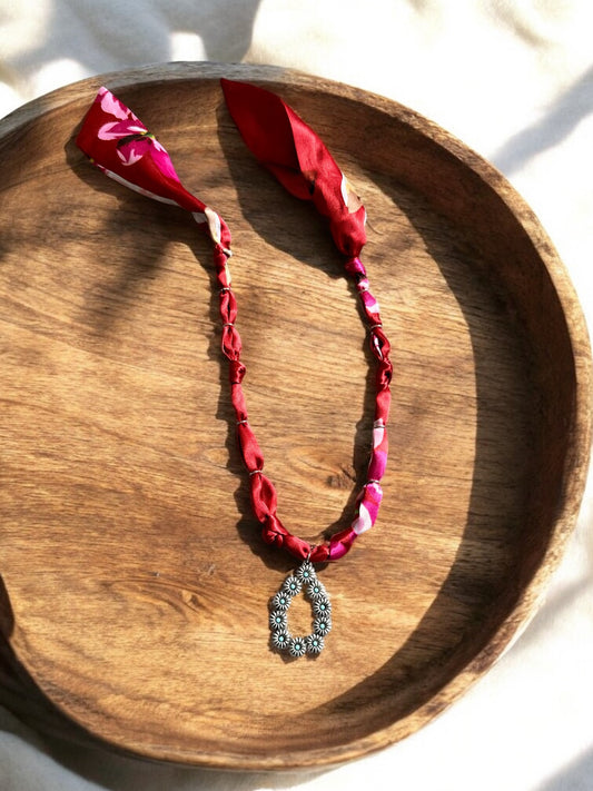 Red Floral with Silver Pendant