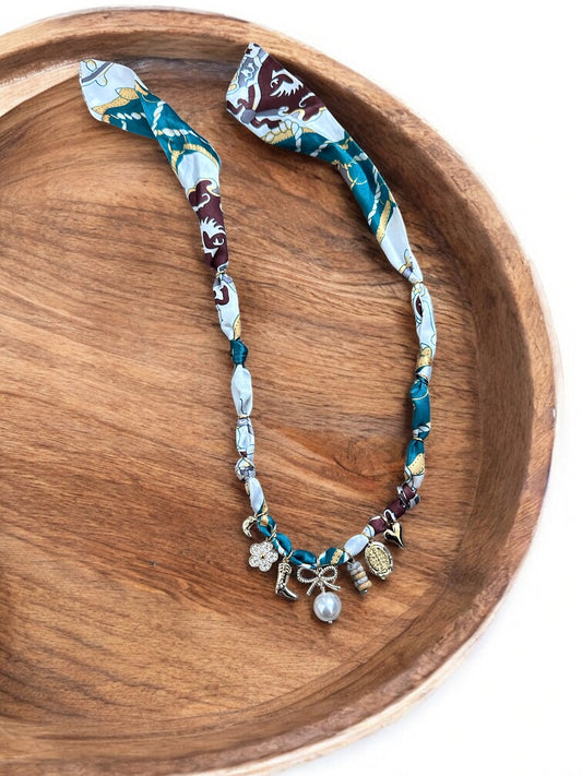 Teal, Brown and Ivory with Bow