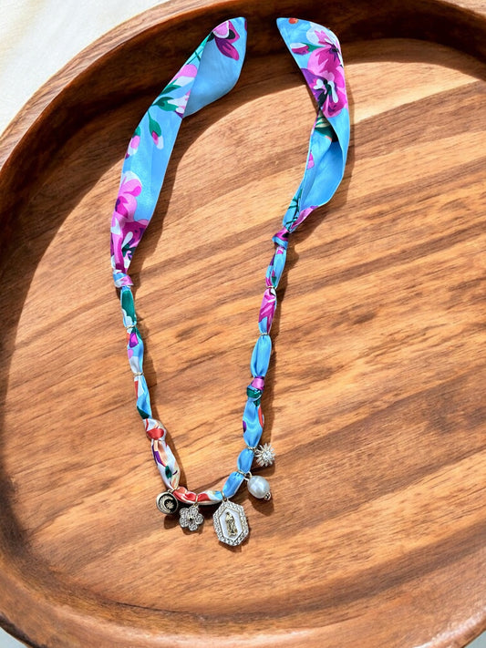Light Blue Floral with Virgin Mary