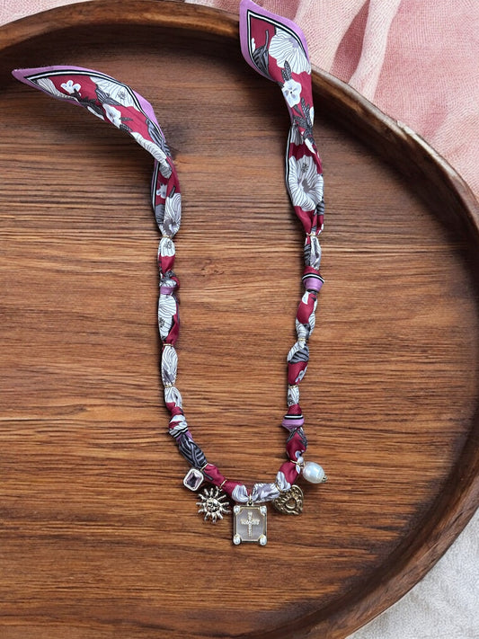 Red Floral with Pearl Cross Pendant