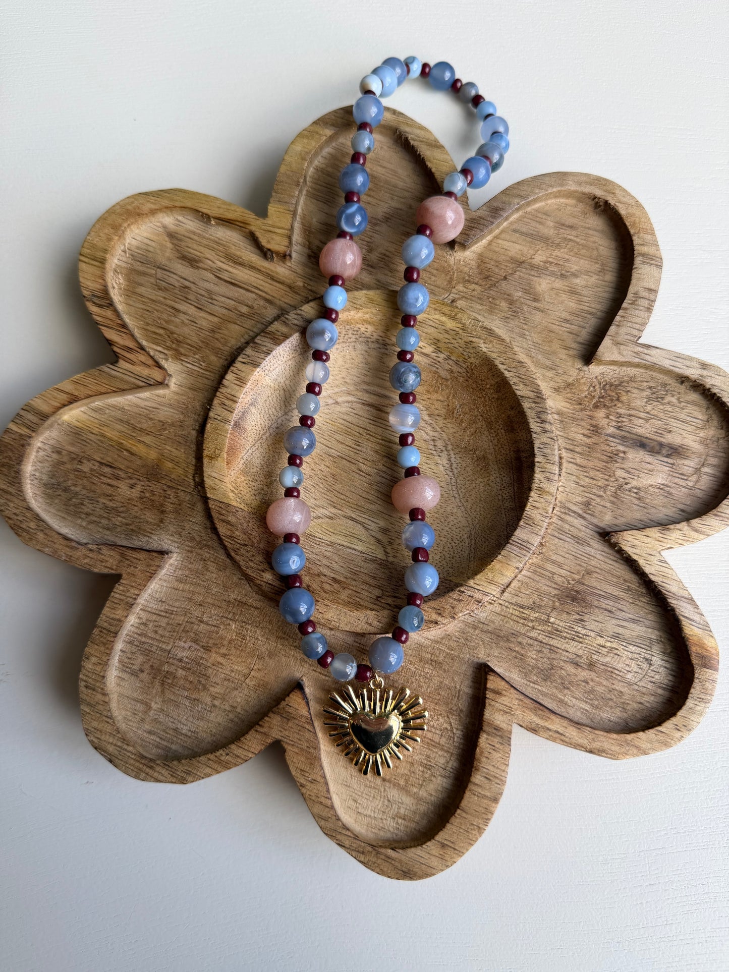 Blue/Stone Beaded with Heart Burst Charm