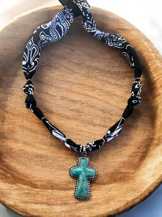 Black with Green/Teal Stone Cross Pendant
