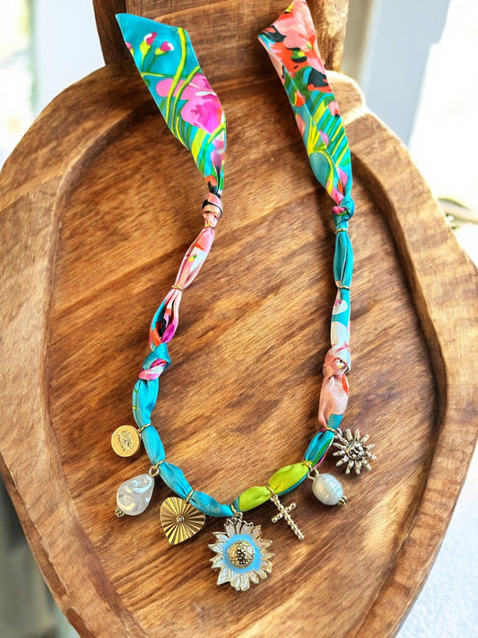 Turquoise Floral Silk with Blue & White Flower
