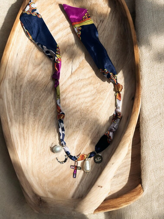 Navy Multicolor Silk with Multicolor Stone Cross