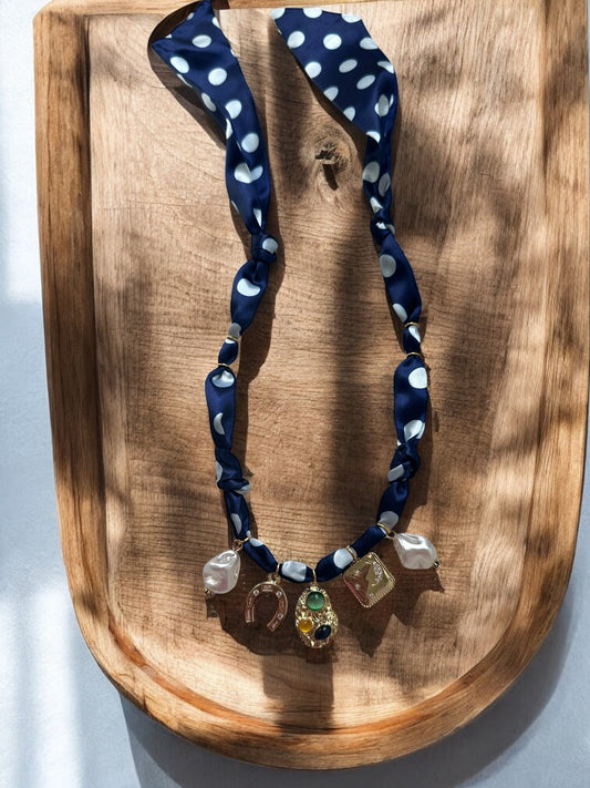 Navy Polka Dot with Multicolor Stone Pendant