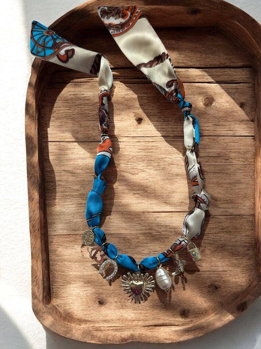 Blue & Cream Silk with Heart Burst