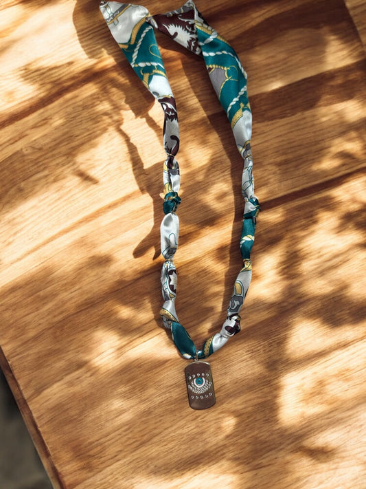 Teal and Cream Silk with Evil Eye Pendant