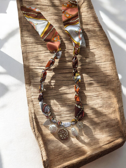 Brown & Orange Silk with Moon & Stars Pendant