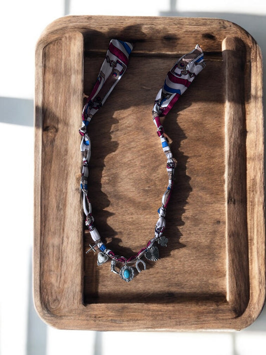 Red, White & Blue Silk withy Silver & Blue Pendant
