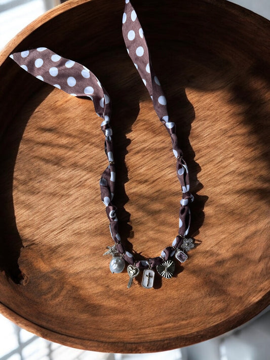 Brown Polka Dot Silk with Cross Pendant