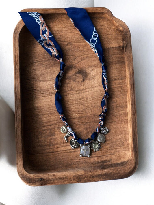 Navy Blue Silk with Cross Pendant