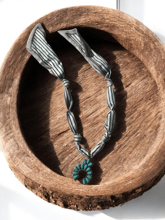 Tan Stripped Silk with Vintage Turquoise Pendant